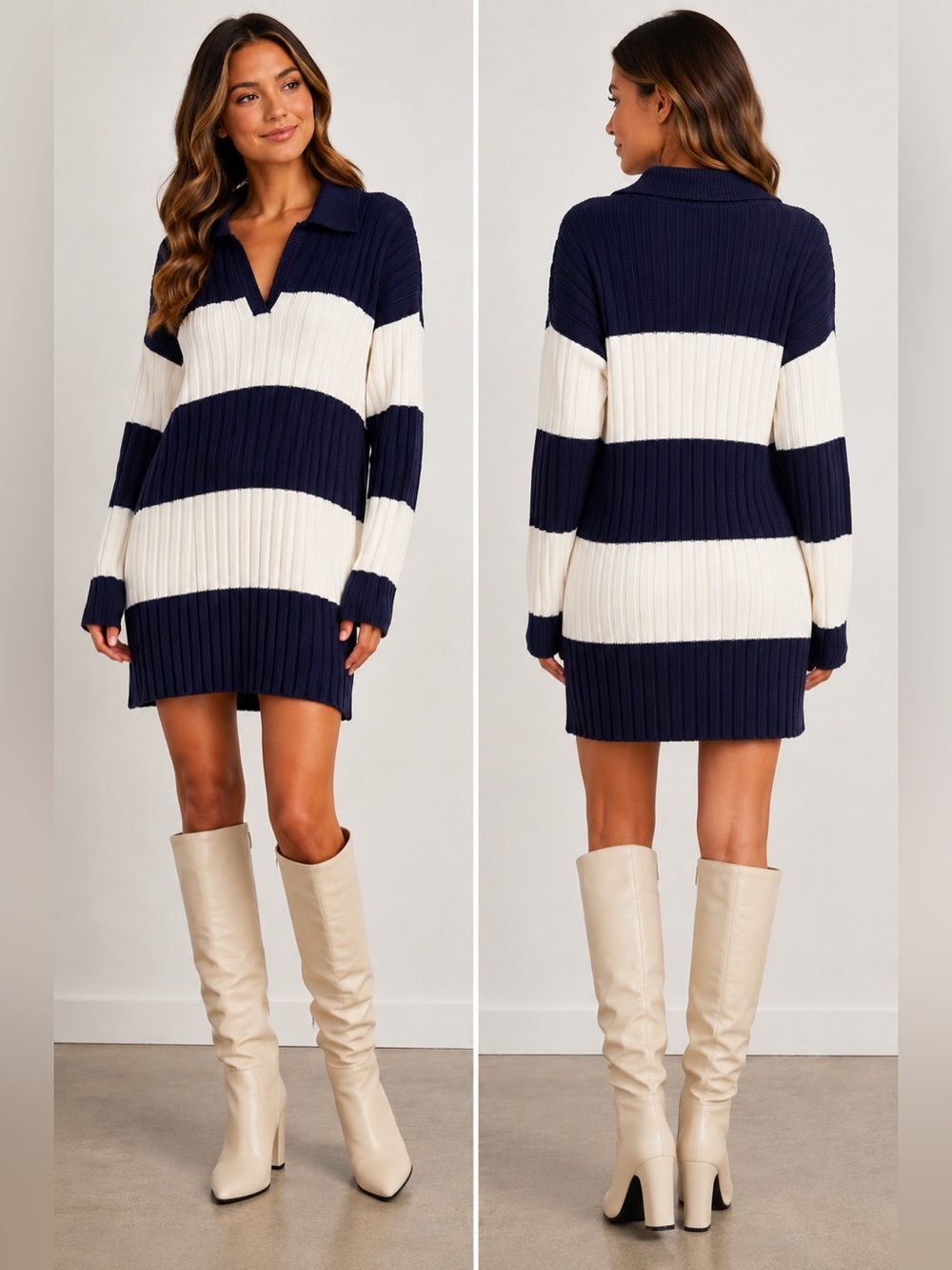 Future Collective Navy Ivory Striped Ribbed Sweater Dress M